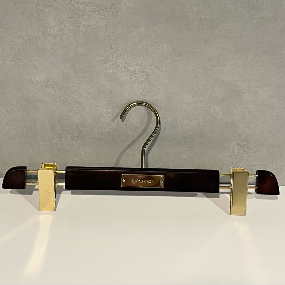 TOM FORD Wooden Pants Hanger 14" Adjustable Clips Brown Gold Wood Authentic